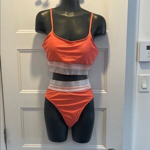 Orange Two-Piece Swimsuit with Striped Details